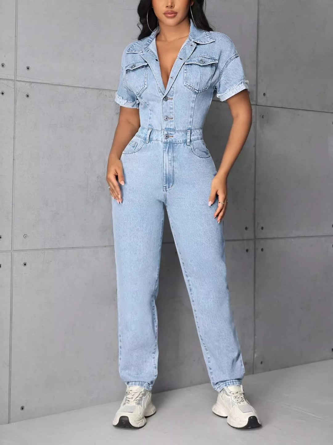 button front denim jumpsuit close up buttons
