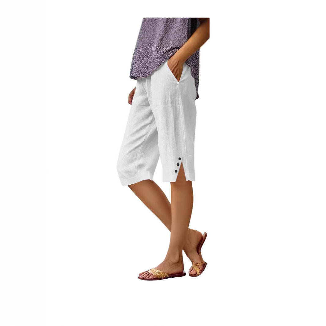 Cotton linen casual shorts women light gray, full length front view, drawstring bow tied, relaxed silhouette summer morning outfit
