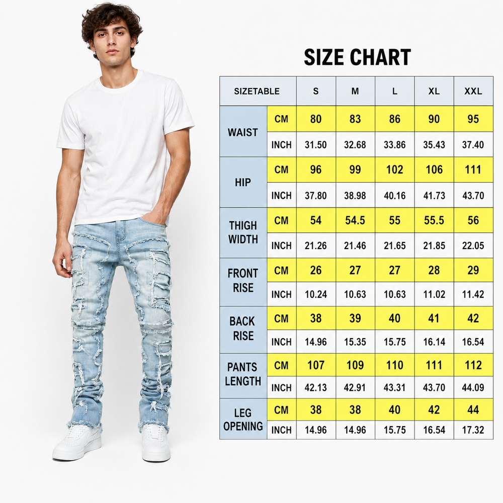 Mens distressed jeans with fringe finish and patch accents styled for everyday streetwear