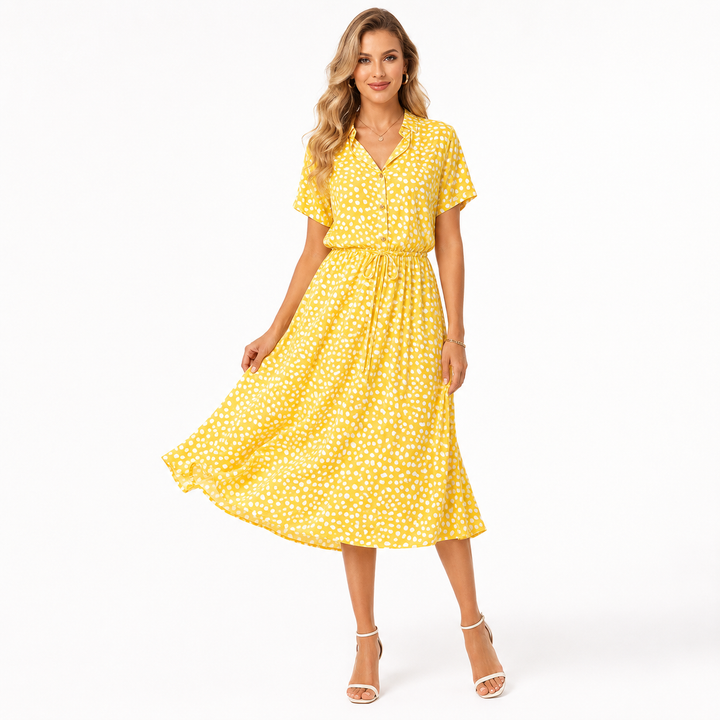 Chiffon polka dot shirt dress in versatile summer colors with high waist fit and easy styling for day to evening outfits now.