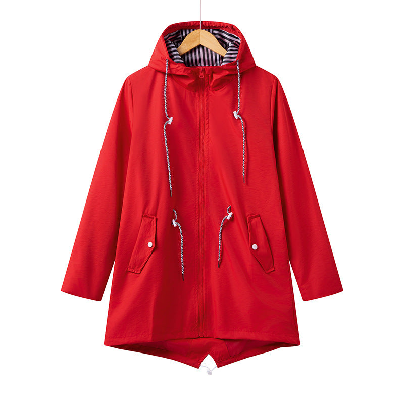 women's thin windbreaker red with adjustable hood detail