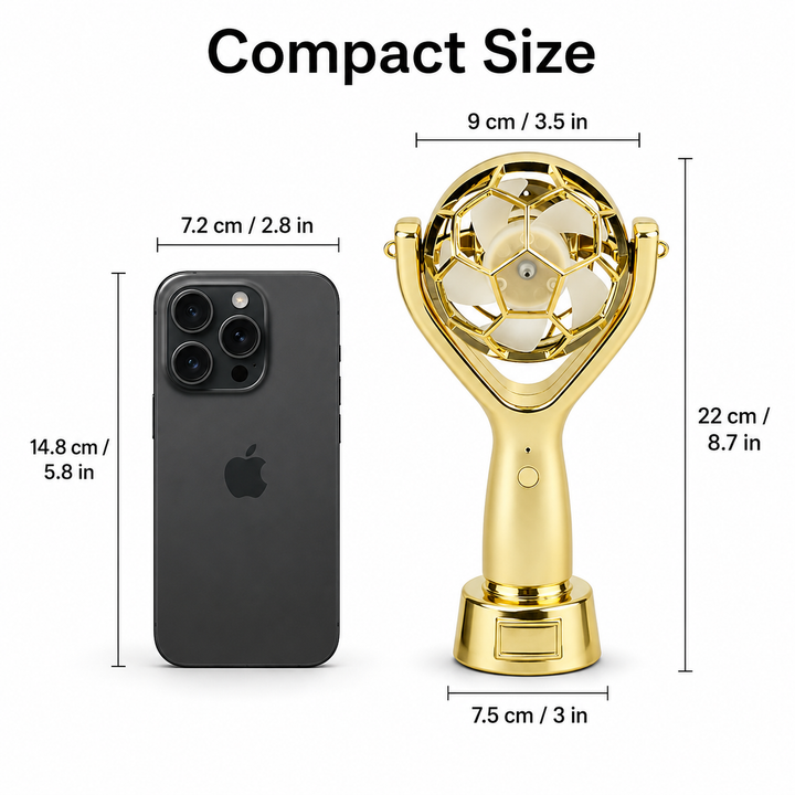 Small USB rechargeable fan with football trophy shape, 22 cm height and 9 cm top size for easy carrying to match trips today.