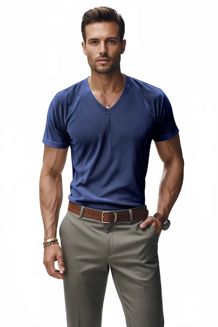 loose casual men's V-neck t-shirt V-neckline close-up refined casual style