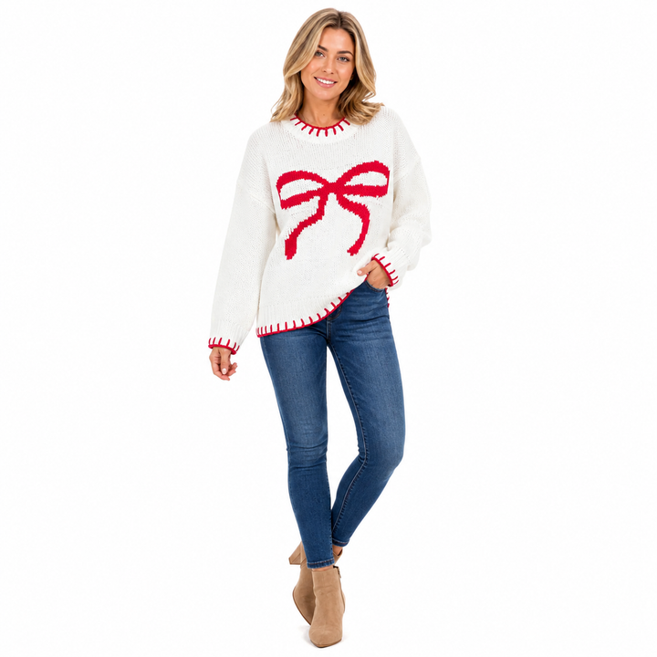 Holiday Sweater Women with Bow-Neck Charm