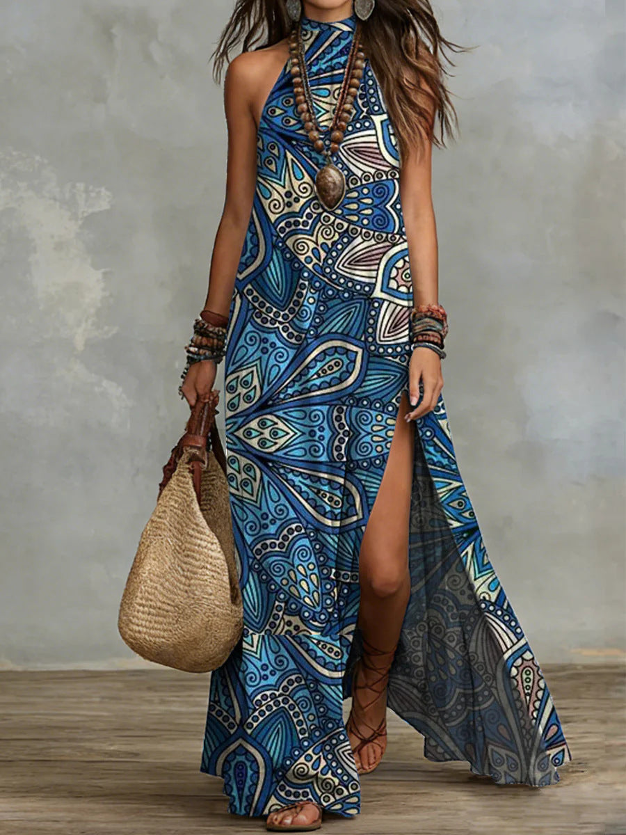 Flowy pink printed maxi dress with high neckline, side slit and loose straight cut for comfortable summer dressing