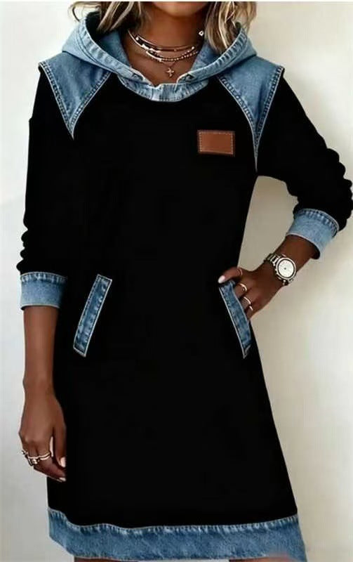 Denim Color Matching Ladies Hoodie Skirt Set Style Elite