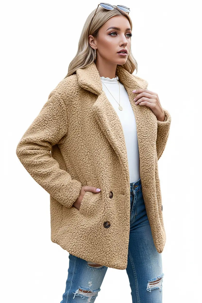 Fluffy Winter Coat back view demonstrating structured fall and smooth lining fit daylight scene