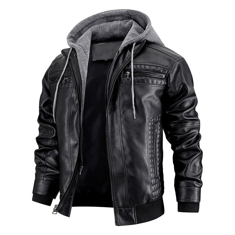 mens hooded leather jacket front view zipper pocket design