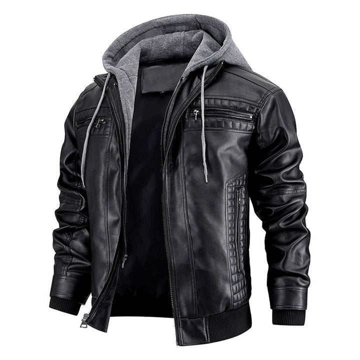 mens hooded leather jacket front view zipper pocket design