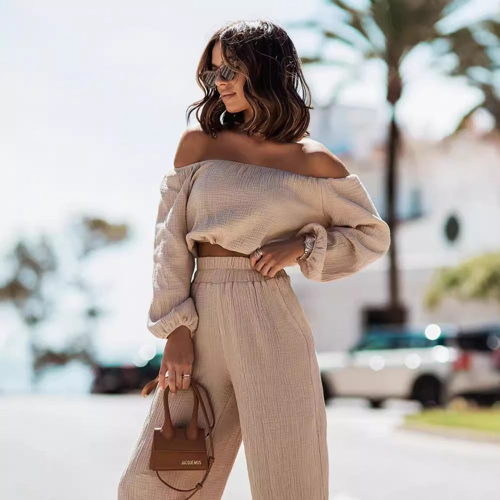 Off Shoulder Women Set with Straight Leg Pants OutfitX!