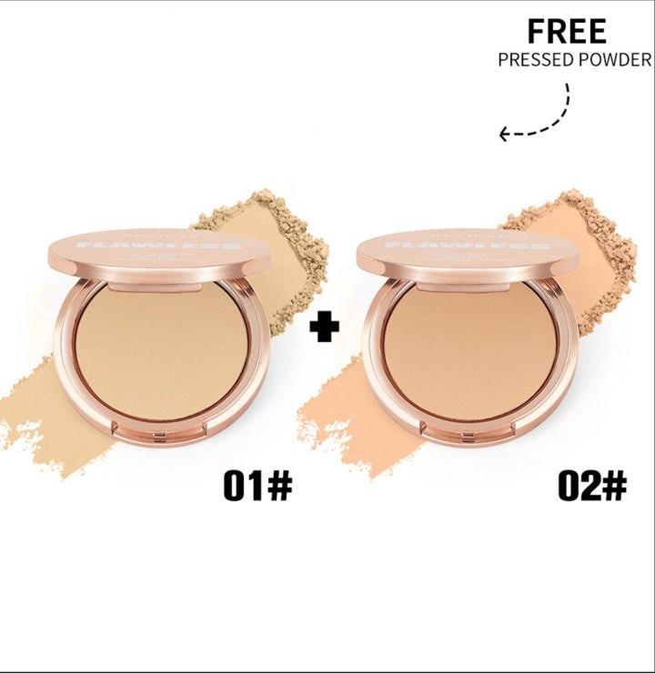 Two compact powder cases with pressed powder on a white background, labeled &