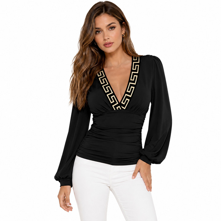 Black V-neck blouse for women with gold geometric trim, long puff sleeves and fitted ruched waist for elegant outfit styling