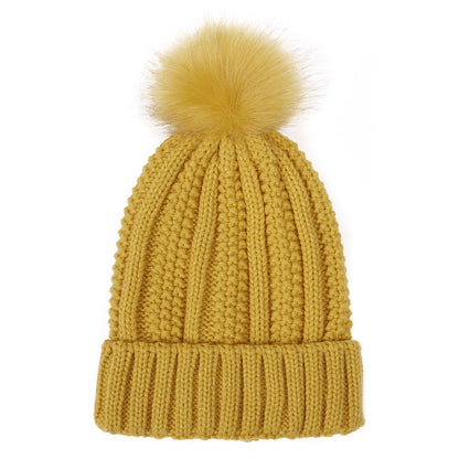 Beige satin lined beanie for women with faux fur pom, stretch knit dome that fits over braids, twists and silk presses