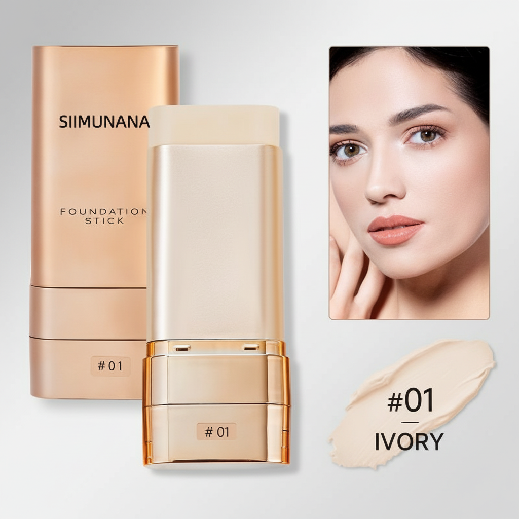 SIIMUNANA foundation stick with a close-up of a woman's face and a swatch of #01 Ivory shade on a light gray background.