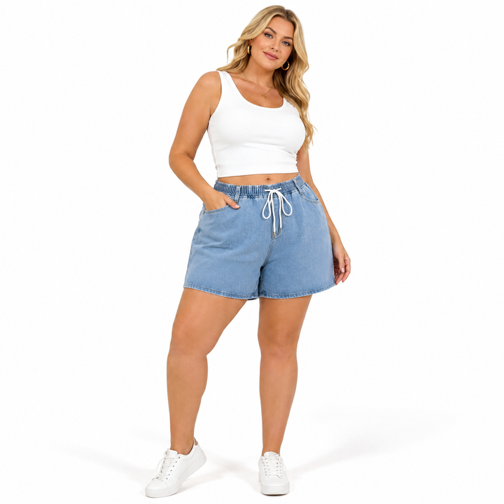 Women denim cotton shorts in blue retro wash, with wide leg design for easy styling and plus size outfit confidence now daily