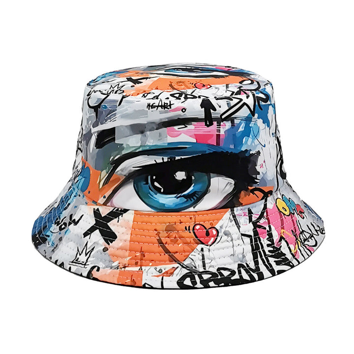 eye print bucket hat front view, white bucket hats aesthetic with graffiti print for streetwear outfits and photo days
