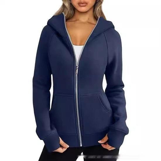 women fleece hoodie front zipper neutral color casual fashion