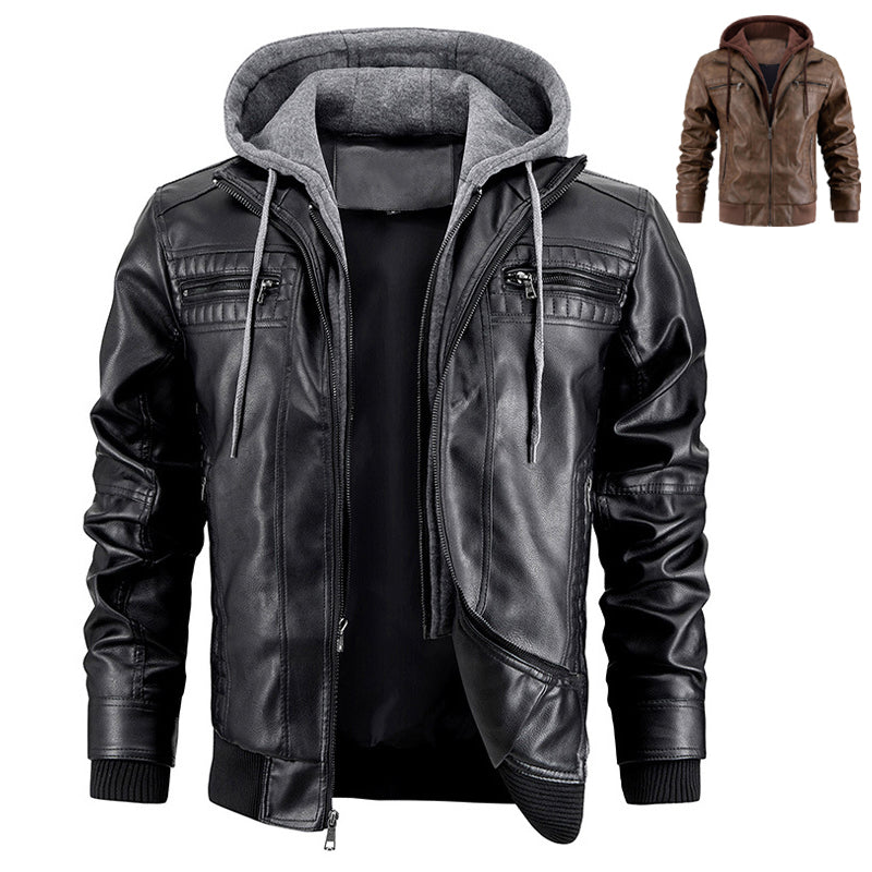 mens PU leather hooded jacket warm winter coat urban style