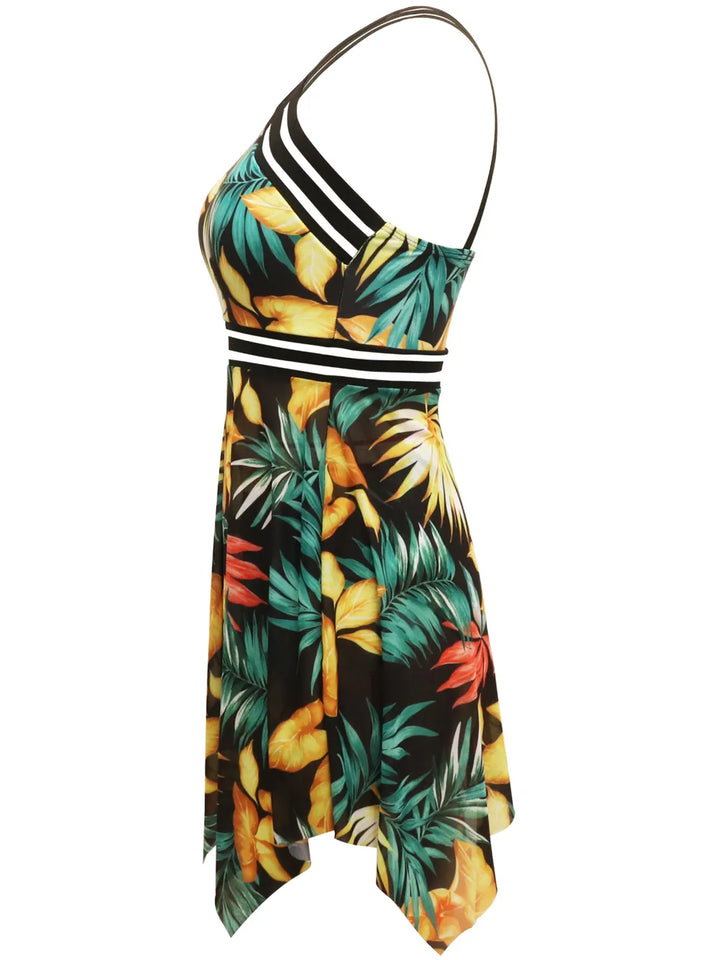 cutout printed two-piece swim set side angle showing cutout placement and elastic edges for comfortable movement
