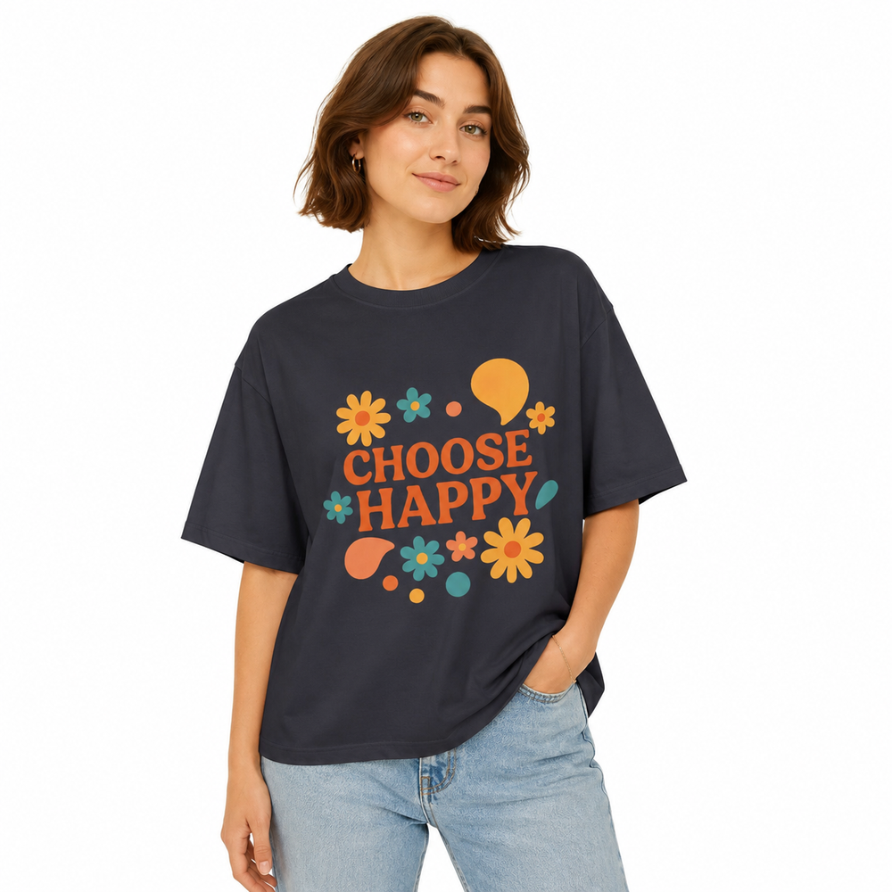 Person wearing a black t-shirt with 'CHOOSE HAPPY' text and colorful graphics on a white background