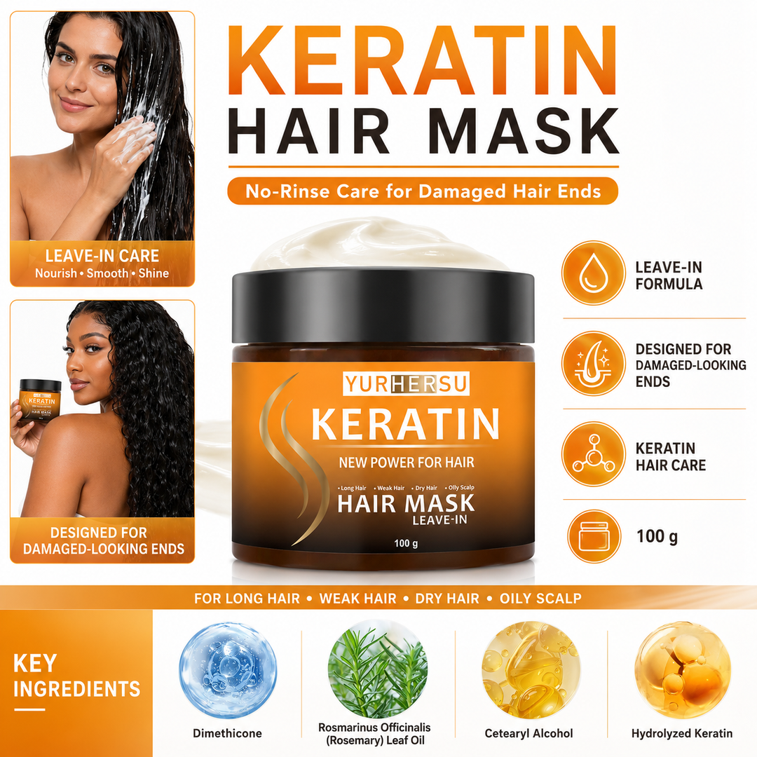 Keratin hair mask collage with models, key ingredients, leave-in formula and 100 g jar