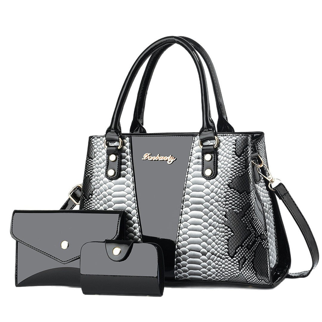 Large handbag set in PU material with patch pocket, inner zipper sections and compact companion bags for busy days ahead now.