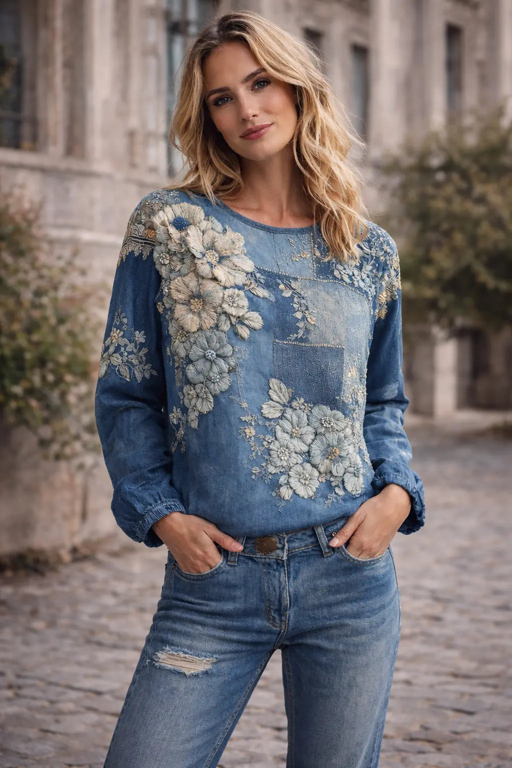 bohemian long sleeve top artistic print full length styling