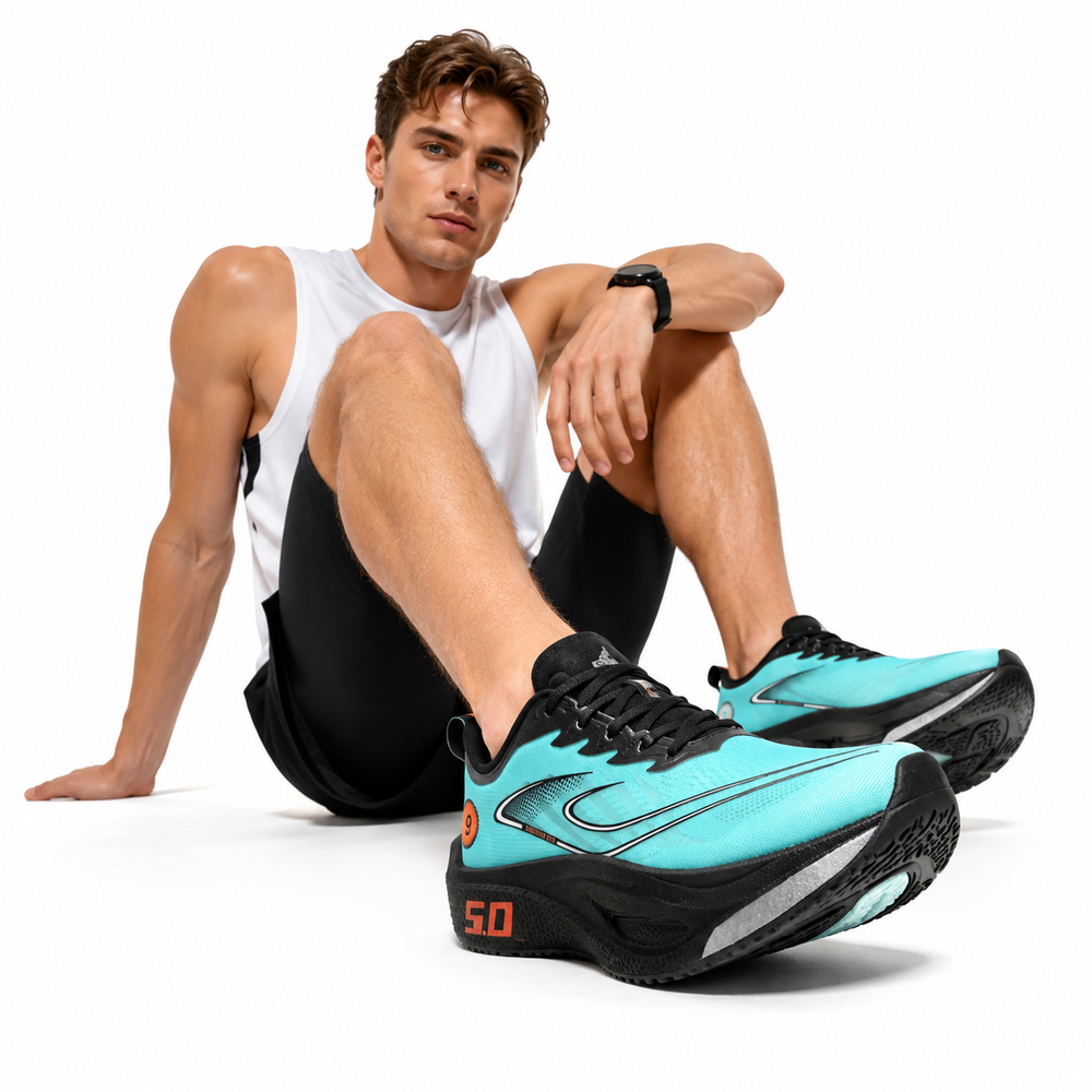 Close-up of air mesh upper on race day running shoes for cooler long-distance runs