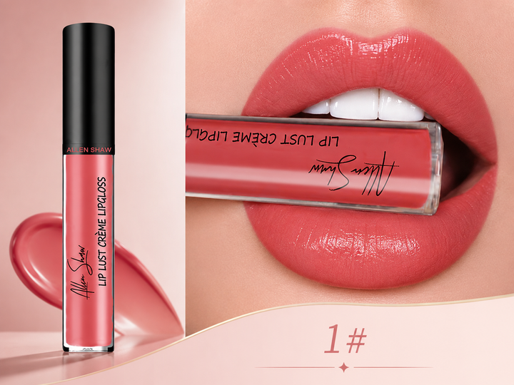 A close-up beauty listing showing an Alton Bahmy liquid lip gloss tube beside a model&