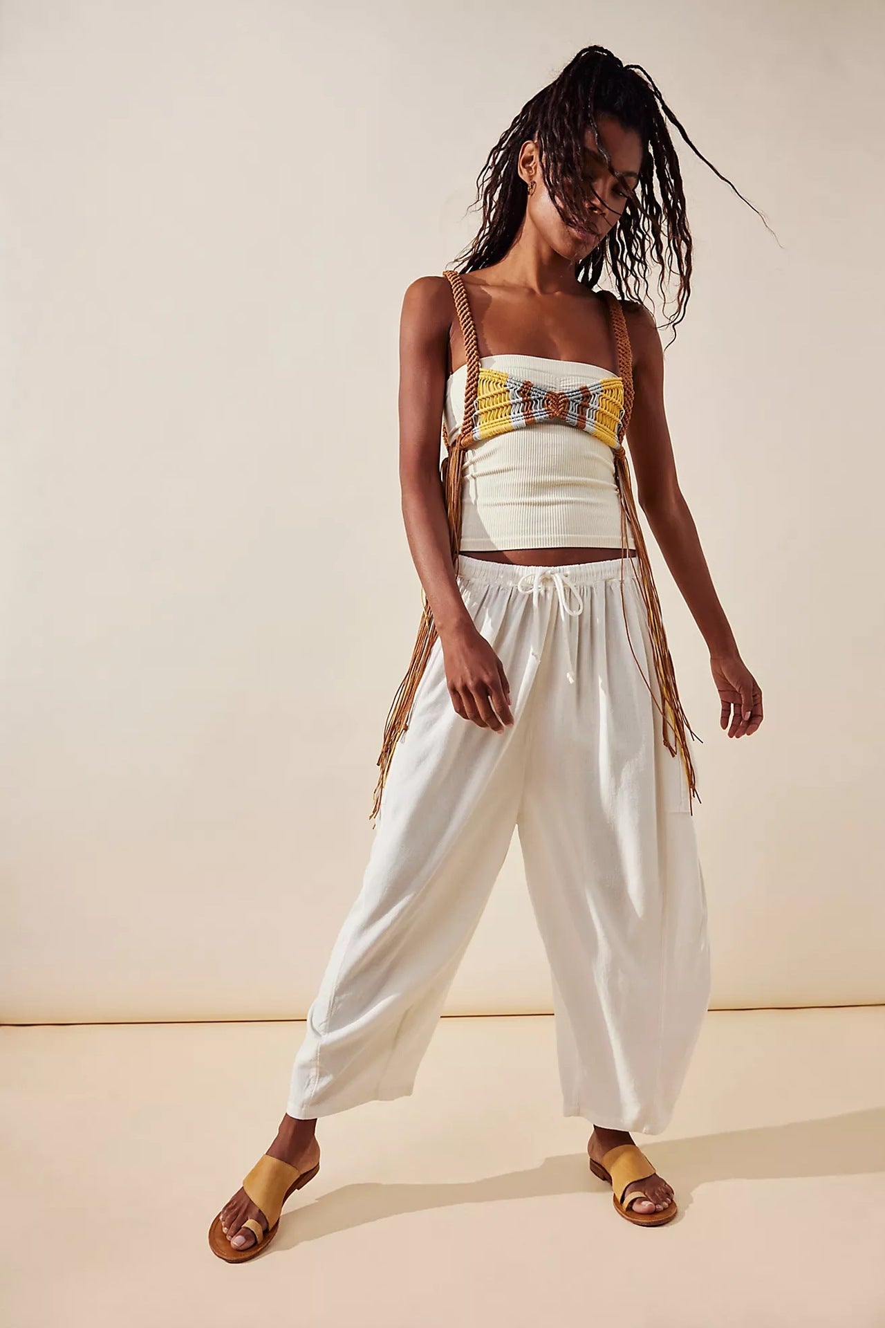 women’s wide leg pants side profile showing drape and flow