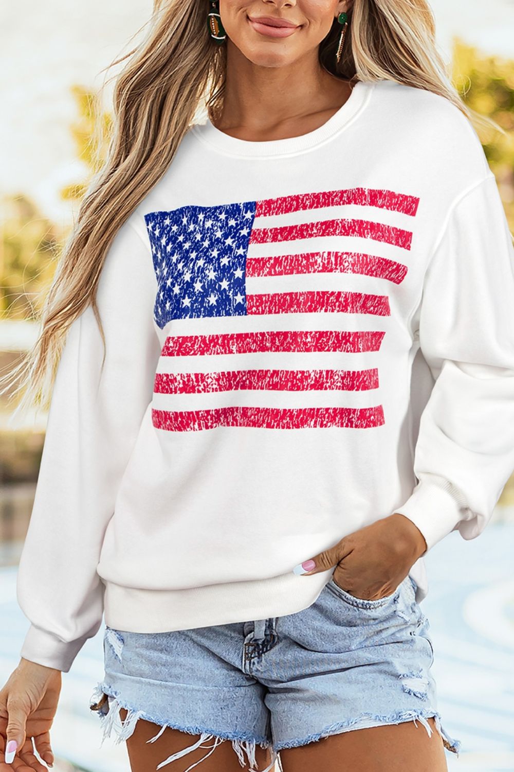 Women’s American Flag Sweatshirt paired with denim everyday casual outfit