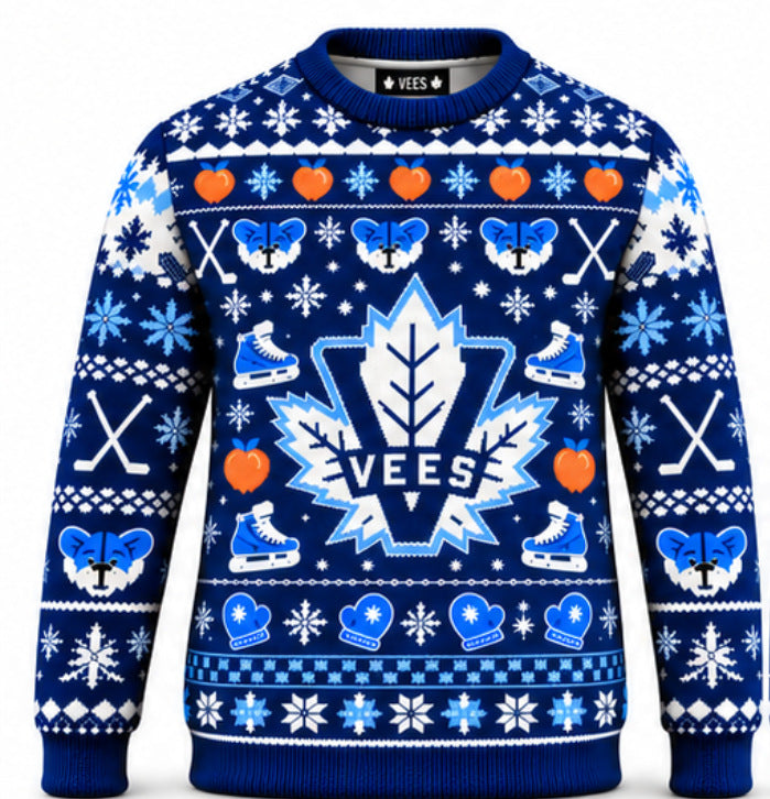 Blue hockey pullover shown from the front in a product view. The hockey print is clearly visible across the pictured garment.