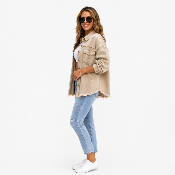 Polyester shirt jacket for women with distressed details, a loose, casual shape, plus medium length for transitional styling.
