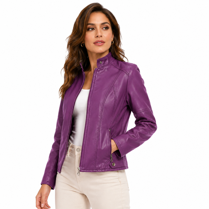 Faux leather jacket women with stand collar and sleek fitted silhouette