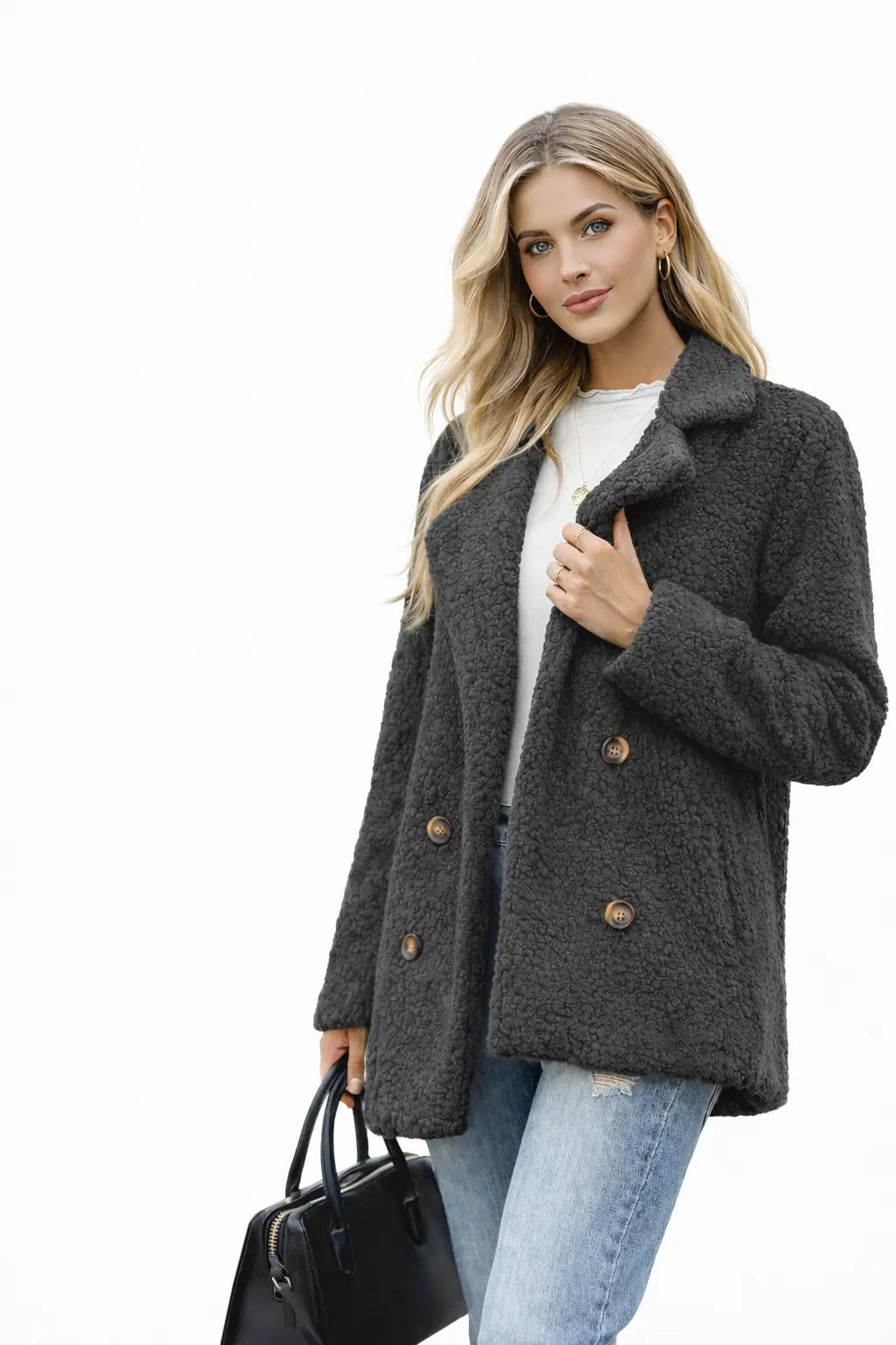 Fluffy Winter Coat Women Loose Lapel Button Jacket Chic