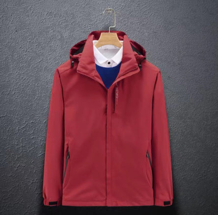 Red hooded jacket product view