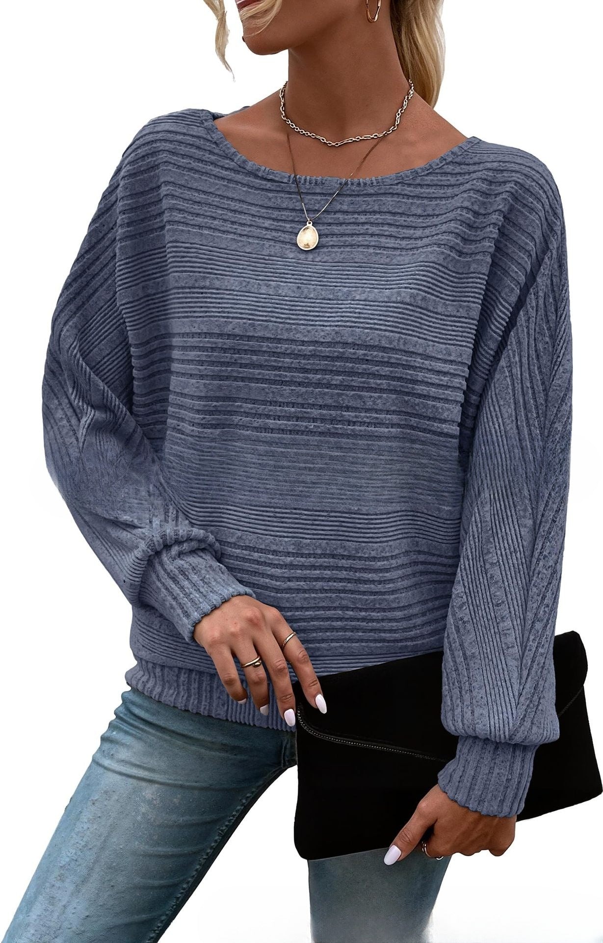 Navy blue casual pullover top women crew neck design polyester fabric quality construction
