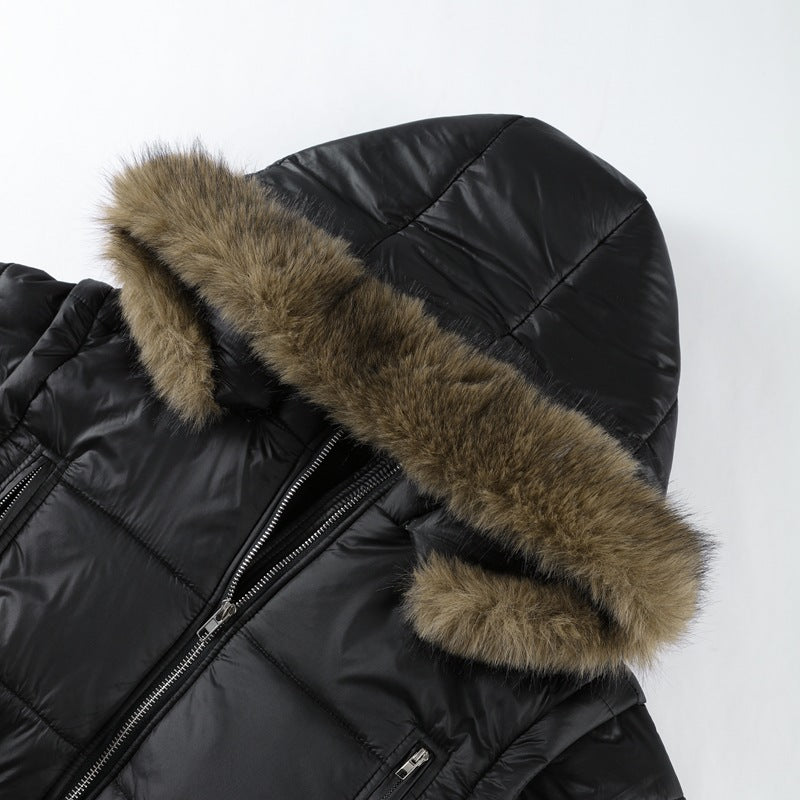 Black puffer jacket with fur-lined hood on a white background