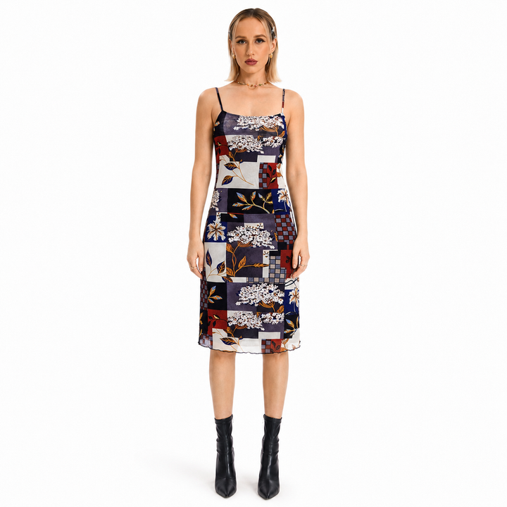 Elegant French style dress on model, full-body front studio catalog view