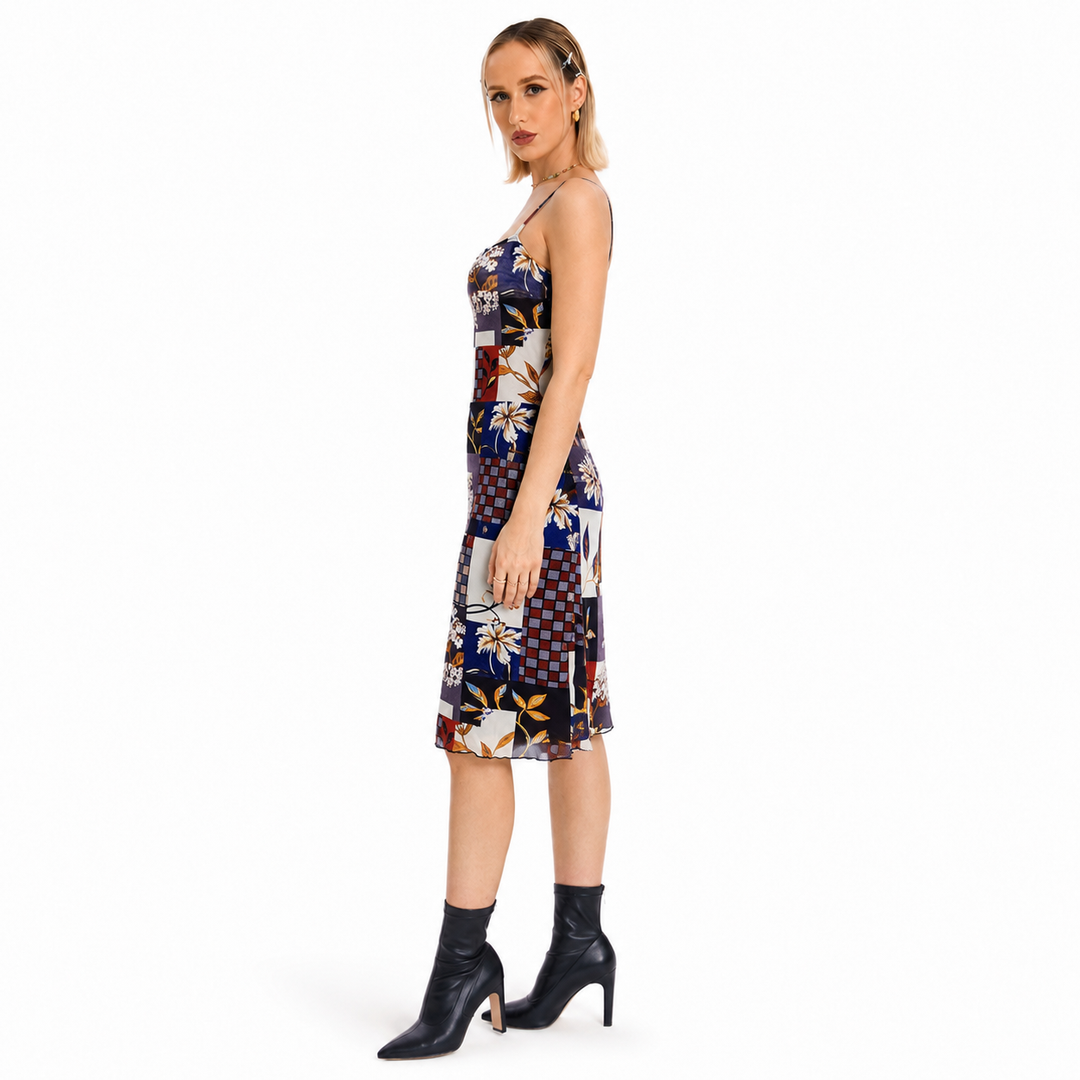 Elegant French style dress on model, full-body side profile studio view