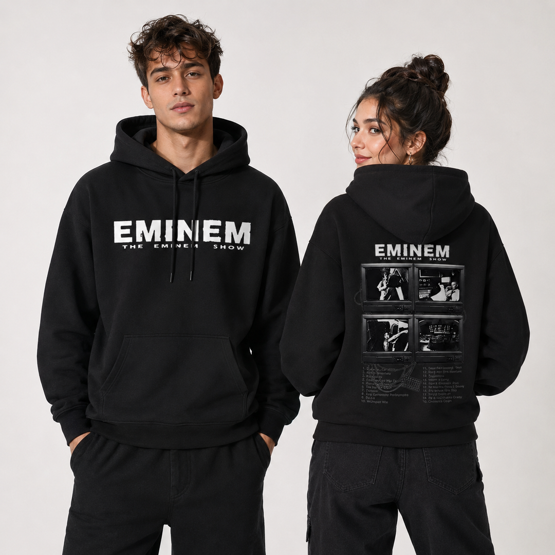 Printed hoodie close-up showing polyester fiber surface seams and existing graphic detail from the product image studio view.