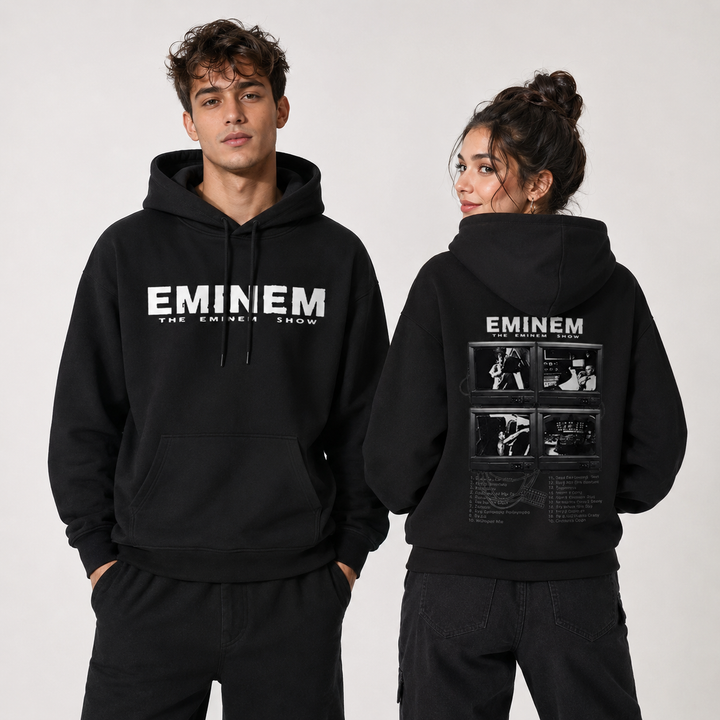 Printed hoodie close-up showing polyester fiber surface seams and existing graphic detail from the product image studio view.