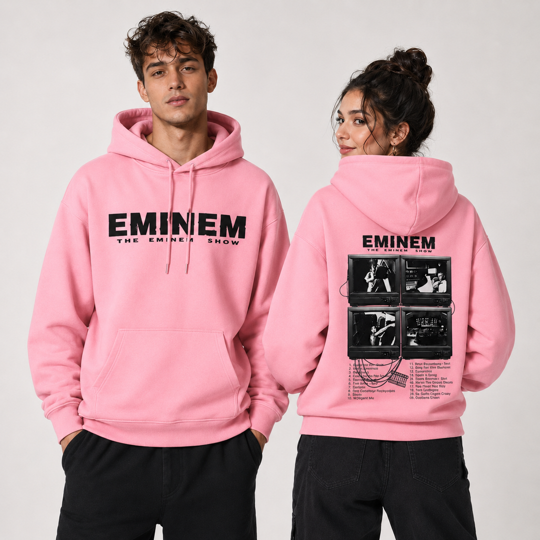 World tour hoodie lifestyle image showing the existing printed design while keeping the garment as the main visual reference.