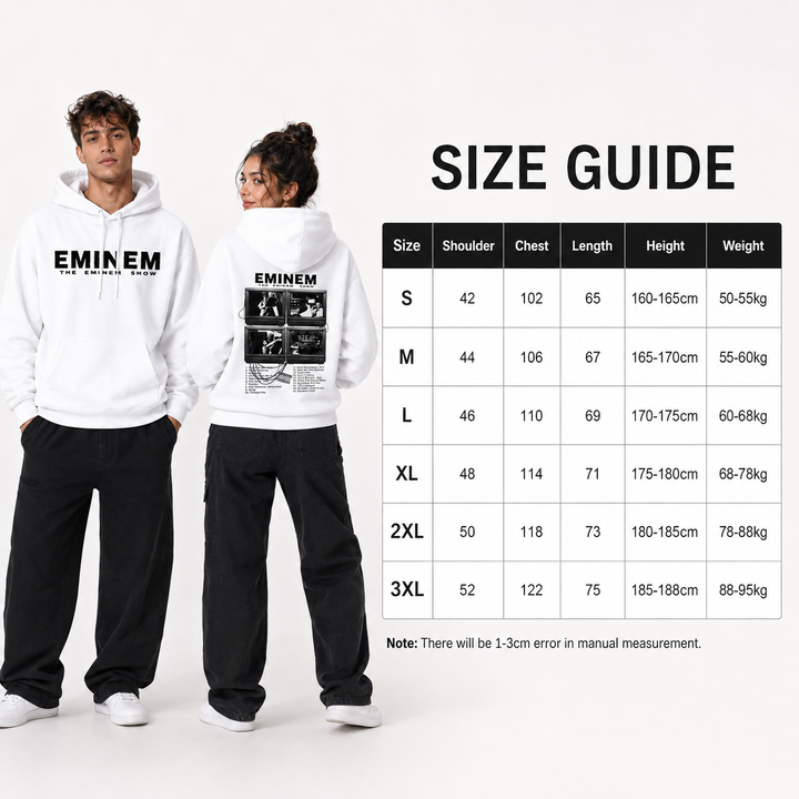 Printed music hoodie size guide image with model and verified sizes S M L XL XXL and XXXL for buyer reference product detail.