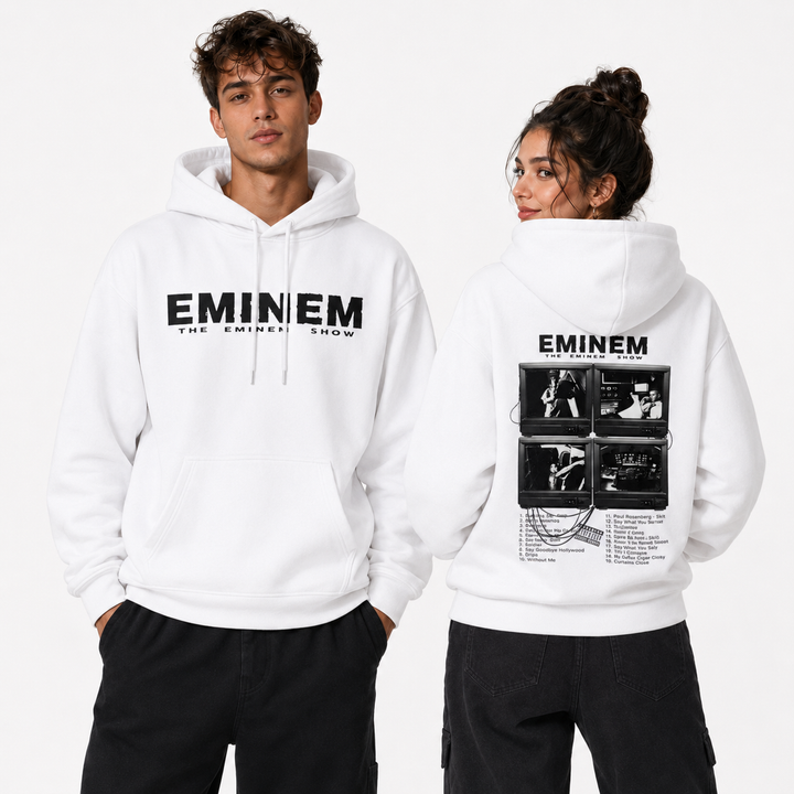 Eminem hoodie main product view, showing printed album and world tour design on a clear clean bright studio visual reference.