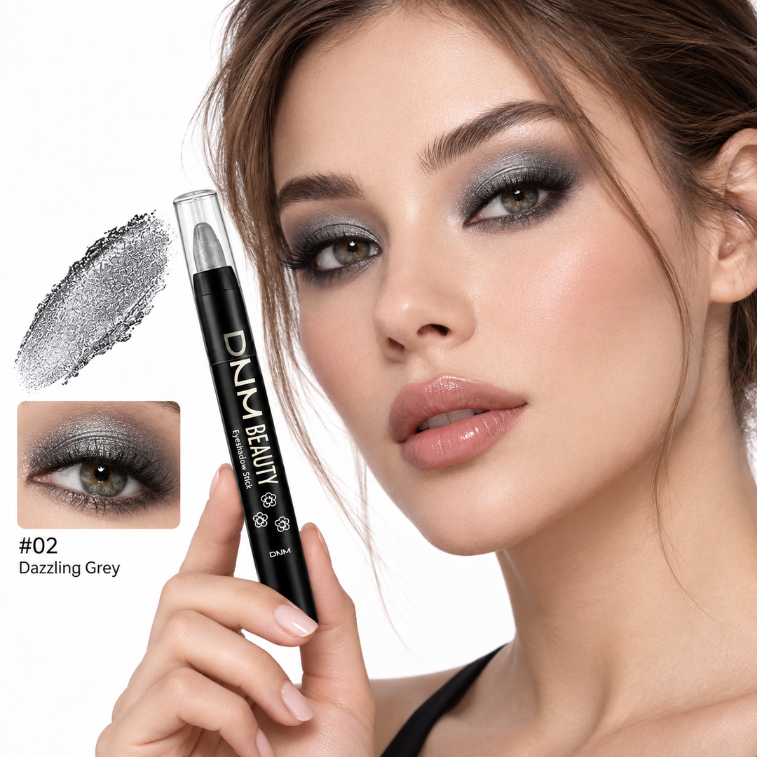 Dazzling Grey shade 02 eyeshadow stick with metallic swatch and eye makeup look.
