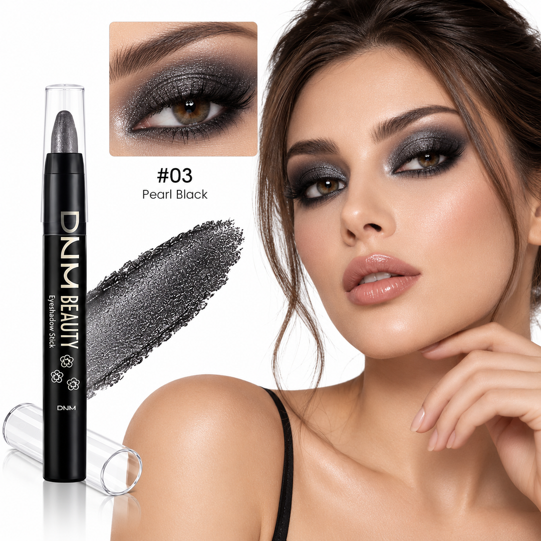 Pearl Black shade 03 eyeshadow stick with dark pearlescent swatch and eye makeup look.