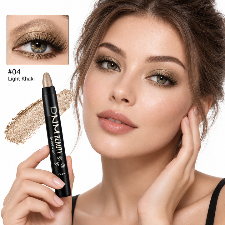 Light Khaki shade 04 eyeshadow stick with warm neutral swatch and eye makeup look.