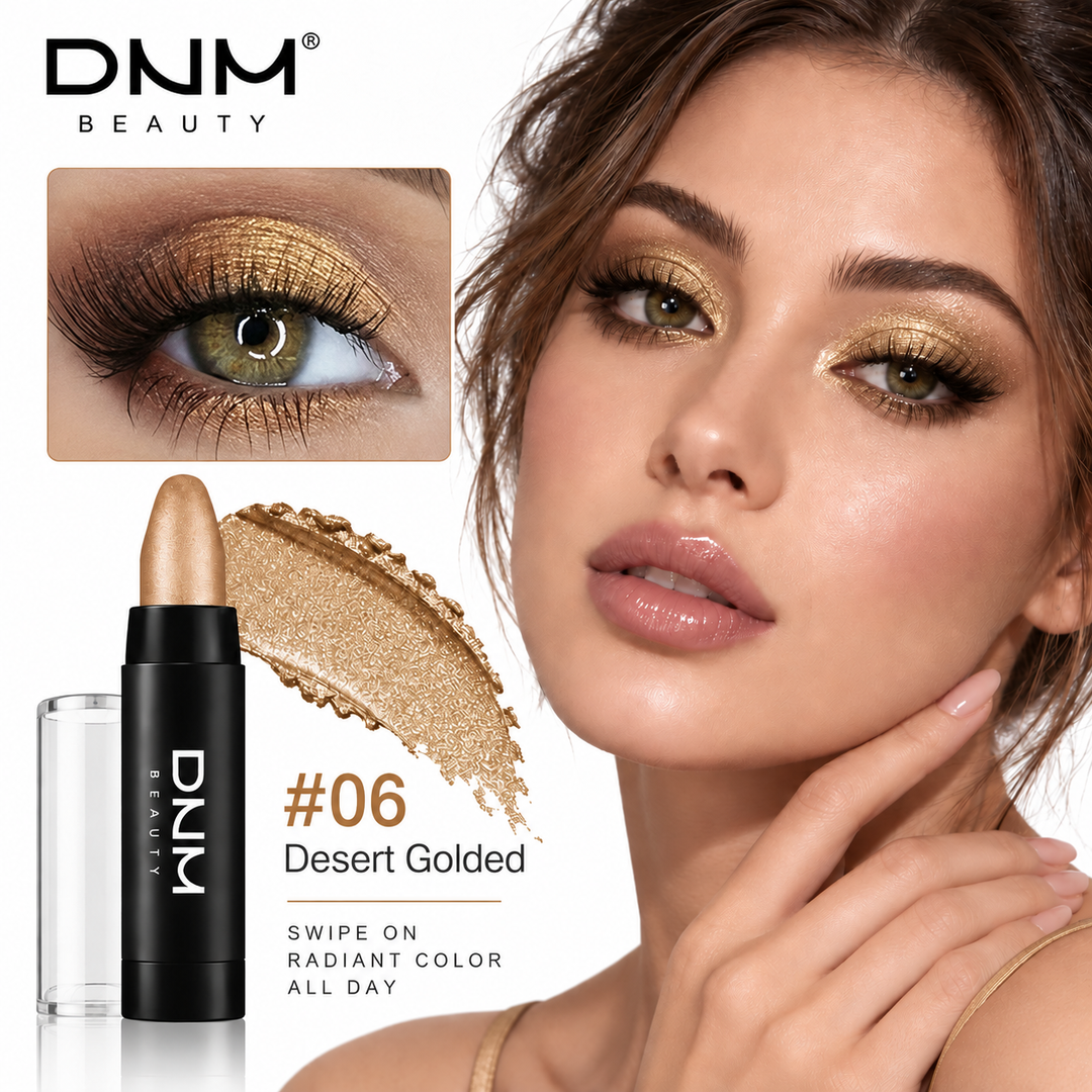 Desert Golded shade 06 eyeshadow stick with warm gold pearlescent swatch and finished eye makeup look.