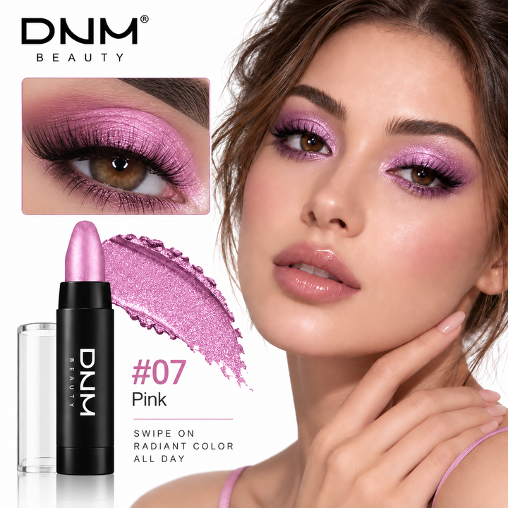 Pink shade 07 eyeshadow stick with pink pearlescent swatch and finished eye makeup look.